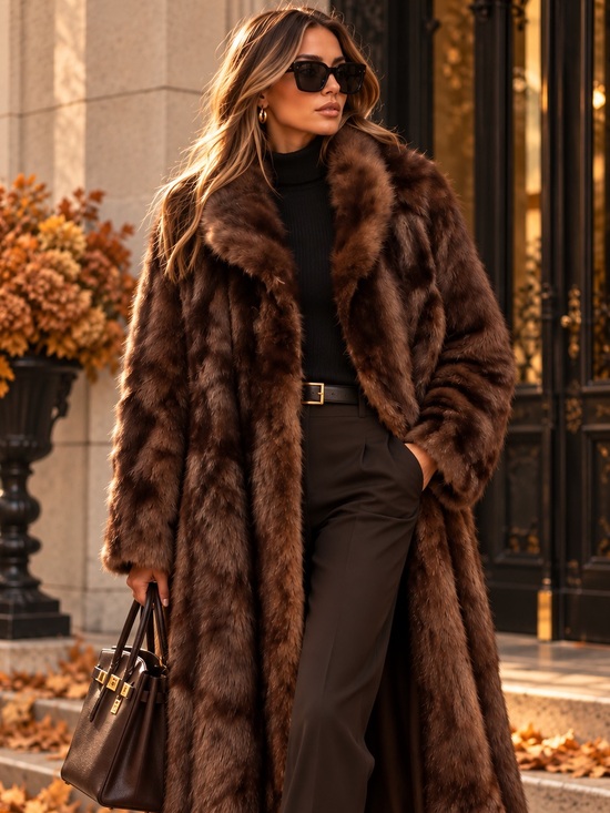 Pants - Luxurious Brown Real Fur Long Coat for Women